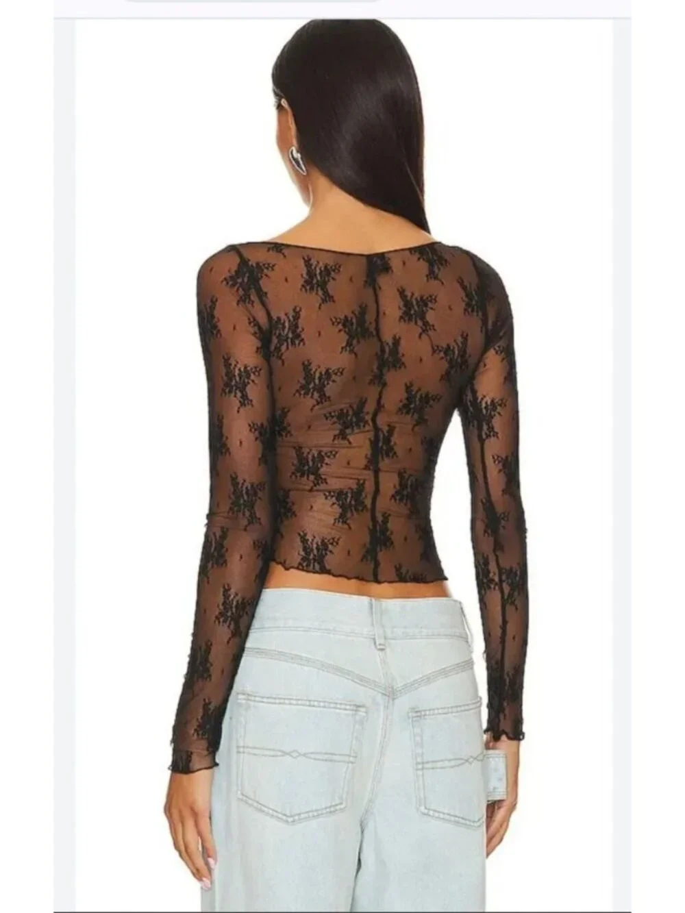 Free People Intimately FP Full Bloom Top M Long Sleeve Floral Lace Sheer Black